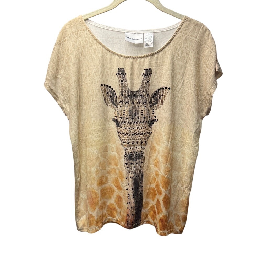 Alfred Dunner Womens Small Giraffe Graphic Beaded Short Sleeve Top Tan Safari